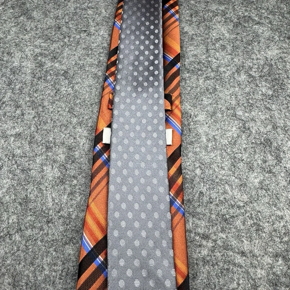 Perry Ellis Silk Tie Men's‎ Orange Blue Black Plaid 100% Silk Classic Business